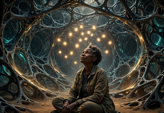 Cinematic hopeful science fiction still: inside a vast chambered alien lattice structure grown from carbon, a Black woman scientist in her fifties sits cross-legged on a warm floor, her face lit by a hovering constellation of soft golden light nodes arranged like a listening presence, walls glowing with slow waves of amber and teal light, sense of calm wonder and mutual attention, volumetric light, photorealistic, no text
