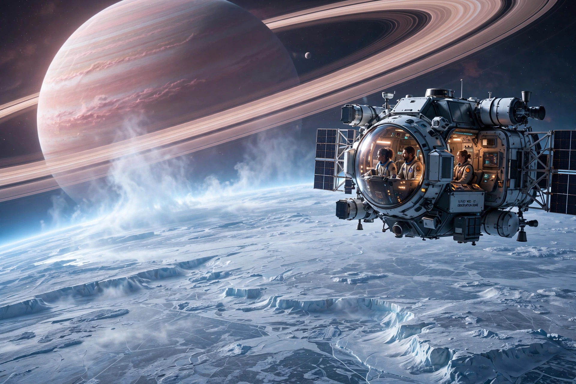 A lean survey spacecraft glides above a white ice moon while pale light from a giant planet washes across its hull.