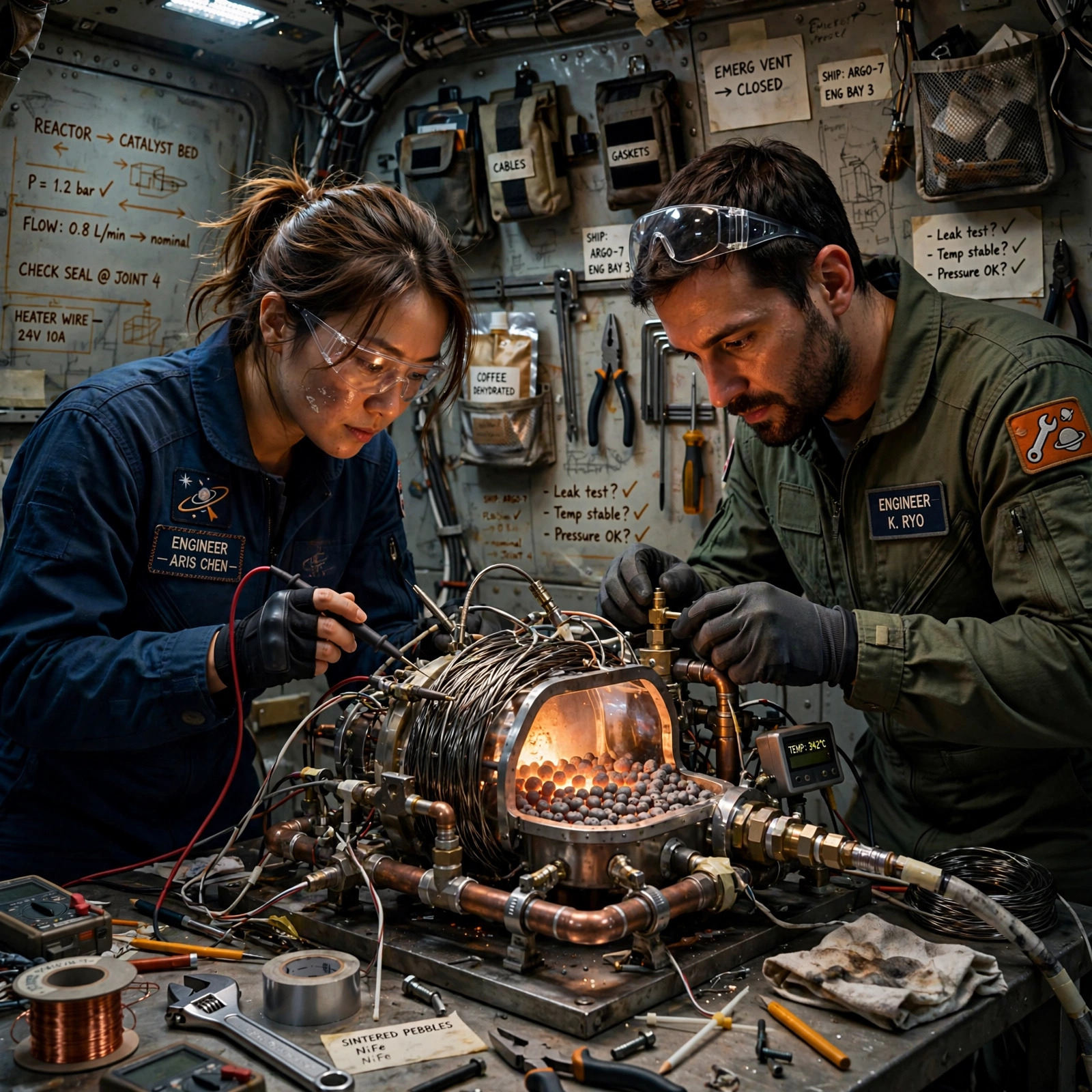 Two engineers in a cramped spacecraft workshop surround a jury-rigged reactor of pipes and wound heater wire, its nickel pebble bed glowing faintly orange.