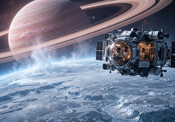 Cinematic hopeful science fiction still: a sleek modular survey spacecraft in low orbit above a vast white ice moon, faint rose light from an enormous ringed gas giant filling the background sky, vapor crown glowing at the moon's limb, astronauts visible in a viewport dome, warm interior lights against cold blues, sense of purpose and discovery, photorealistic, wide shot