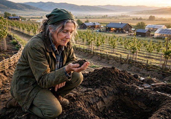 Cinematic hopeful solarpunk photograph: a woman in her early sixties with gray-streaked hair kneels beside a freshly dug soil test pit in a wide western valley at dawn, holding dark crumbly soil in her hand, young orchards, contour swales with willow stakes, and solar-paneled farm buildings glowing softly behind her, clear hopeful light, photorealistic, 35mm, warm golden tones