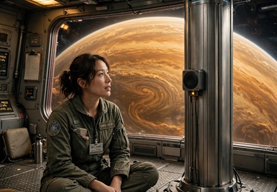 Cinematic hopeful science fiction still: a lone adult woman scientist sits cross-legged on the deck of an orbital station's observation bay, speaking toward a tall brushed titanium AI core column with a small humble external speaker, amber gas giant filling the vast window behind them, warm practical lighting, sense of patience and quiet companionship, photorealistic, 35mm film grain