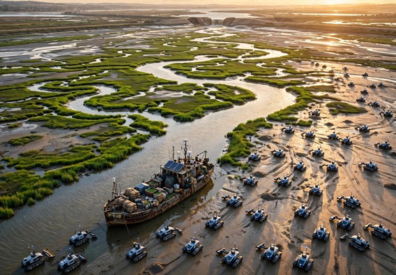 Cinematic aerial wide shot at golden hour of a vast restored tidal delta with bright green marsh channels cutting through silvery water, a weathered seed barge at anchor, small autonomous dredge robots moving in flocks across the mudflats, distant levee breach opening, hopeful near-future environmental restoration, photorealistic, warm light, no text