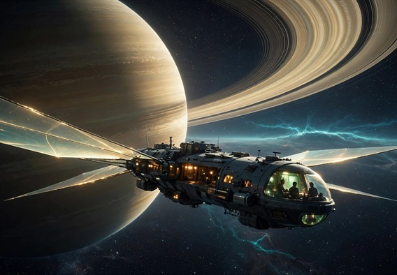 Cinematic hopeful science fiction still: a slender survey vessel with luminous solar sails gliding past the pale gold arc of a ringed gas giant, crew silhouettes visible in a green-lit observation blister, uncounted stars and a faint cyan interstellar filament on the horizon, warm interior lights, sense of departure and wonder, no text.