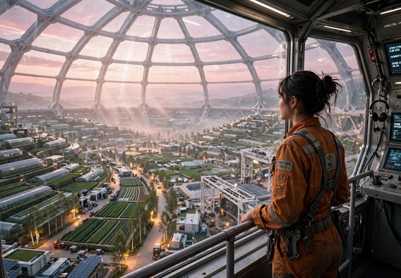 Cinematic hopeful science fiction still: a young terraforming colony at dawn inside a vast translucent habitat dome, terraced greenhouses and white engineering gantries under a pink thin atmosphere, birch-lined streets glowing warmly, a female engineer in a faded orange work uniform standing at a control gallery window, wide establishing shot, soft volumetric light, optimistic frontier futurism, photorealistic.