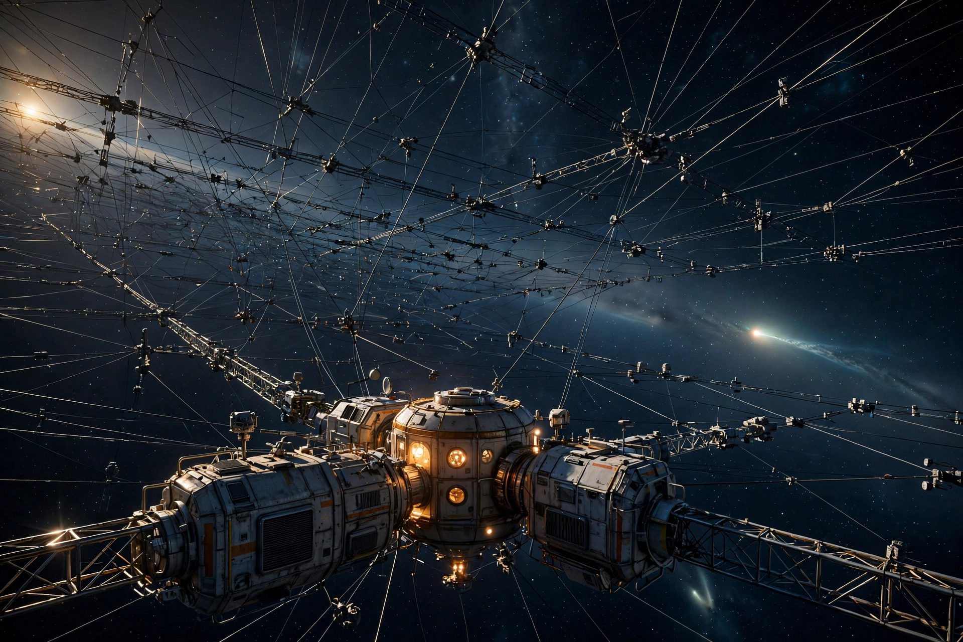 A lonely deep space listening station glows against the black of the outer solar system, its long antenna array turned toward a distant glowing comet.