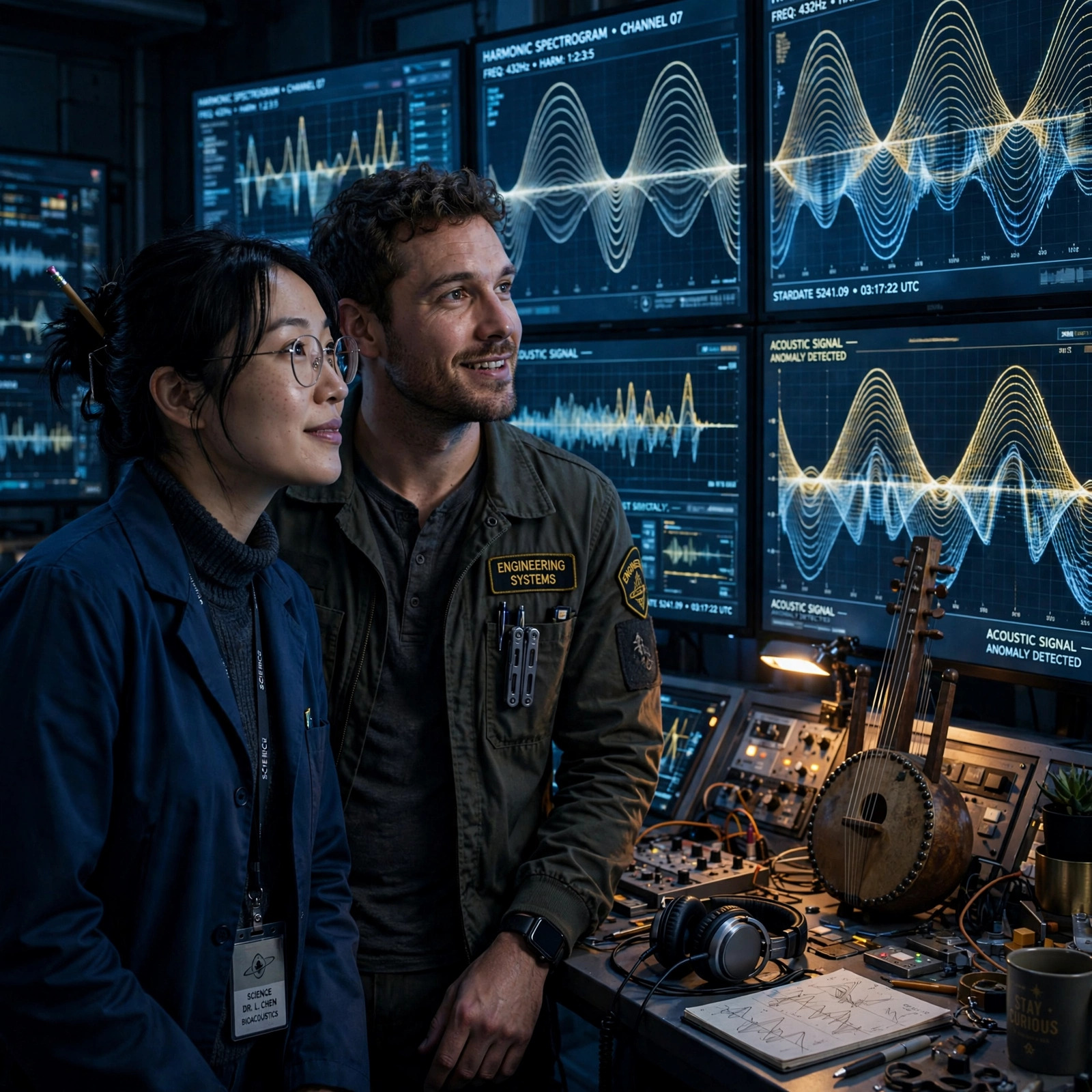 A scientist stands before a wall of slow-scrolling waveform displays in a dim station control room, bathed in soft blue light.