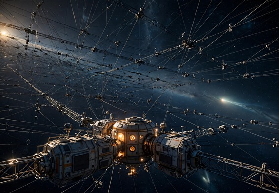 Cinematic hopeful science fiction still: a small deep-space listening station with a vast phased antenna array of taut tethered cables, floating in the black far beyond the planets, backlit by a faint distant sun, a pale spindle-shaped comet glowing softly on the horizon of stars, warm amber habitat lights against cold blue space, sense of awe and patience, photorealistic, wide angle