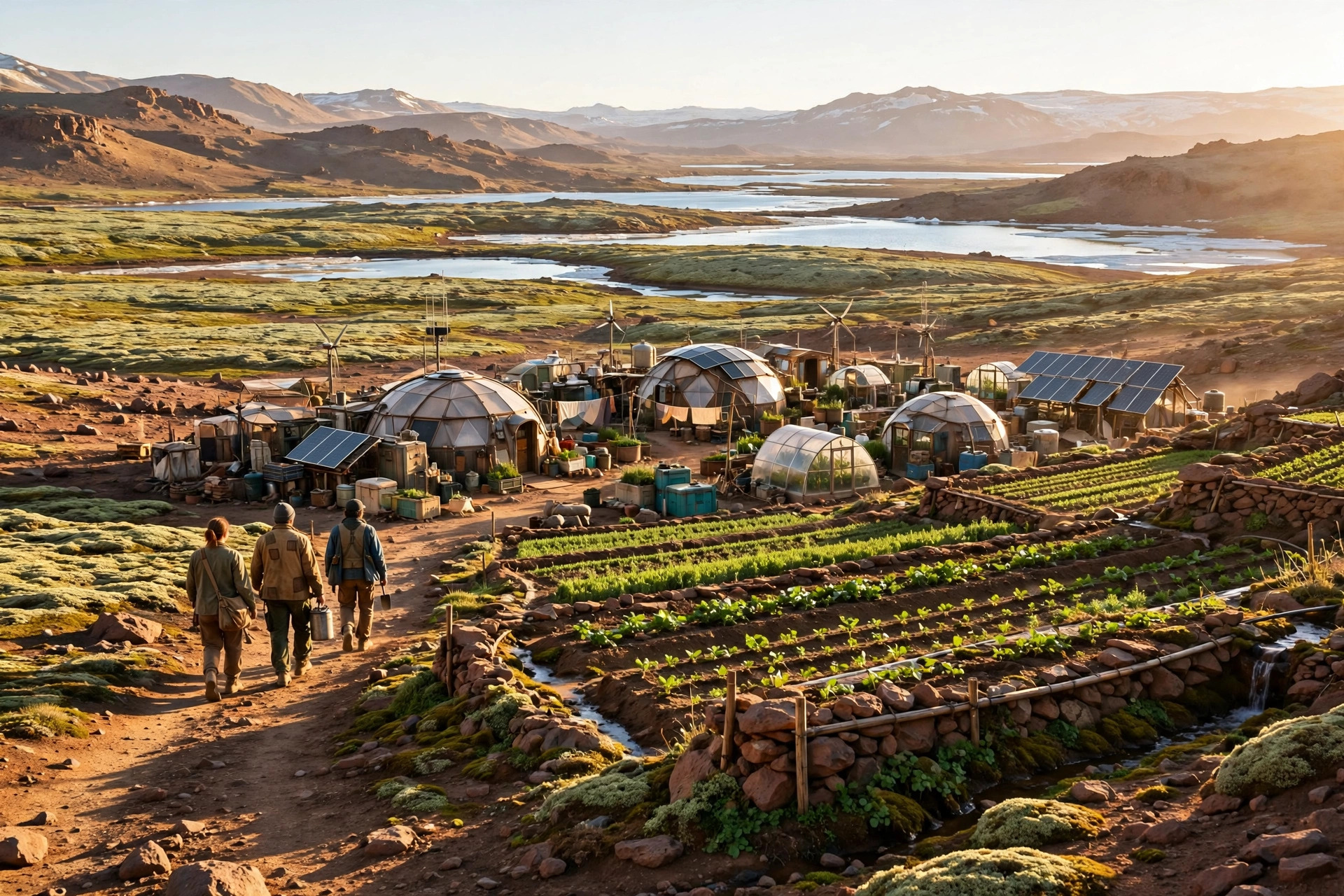 A domed settlement on a rust-colored moon with green terraced fields glowing under long afternoon light