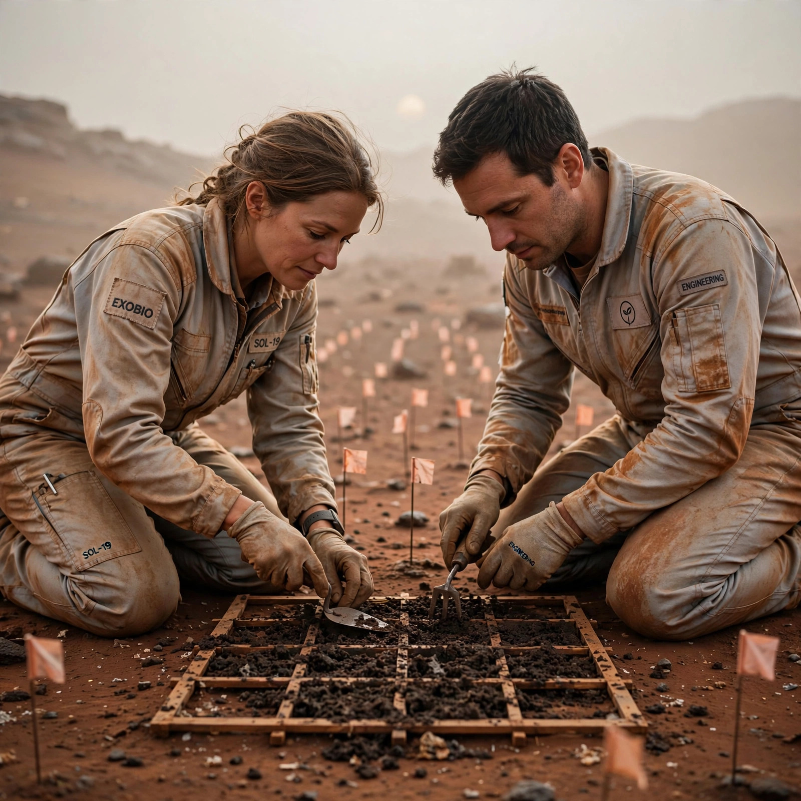 Two engineers in pale work suits kneeling on rust-colored soil, injecting dark fungal substrate into a grid of marked plots under a pale sun