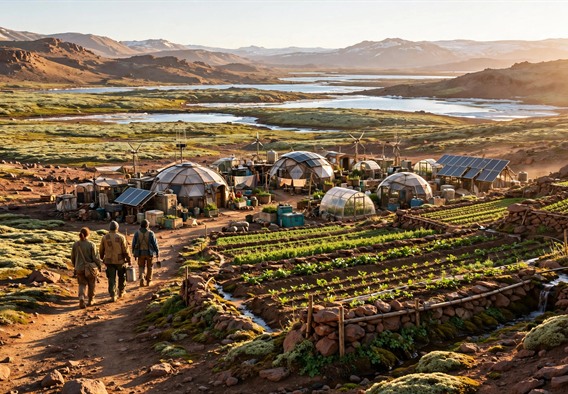 Cinematic hopeful solarpunk still: a modest domed settlement on a rust-colored moon at golden hour, surrounded by newly green terraced fields and low lichen plains stretching to distant meltwater lakes, adults in simple work clothing walking a path toward the fields, warm amber light, thin pale sky, sense of lived-in optimism, wide establishing shot, photorealistic.