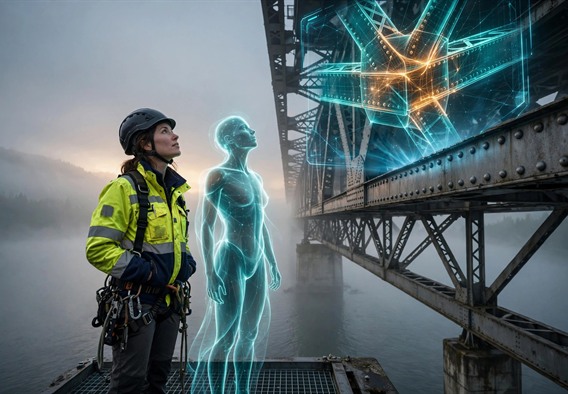 Cinematic hopeful near-future still: a woman engineer in her thirties in a hi-vis jacket and climbing harness stands on a steel cantilever truss bridge at foggy dawn over a vast grey lake, beside a translucent humanoid light-form avatar, both looking up at a holographic stress-map glowing over a riveted steel joint, soft amber and teal palette, photorealistic, inspiring scale, no text