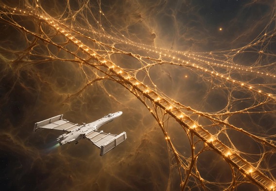 Cinematic hopeful science fiction still: a slender white survey starship with folding radiator wings gliding toward an immense living lattice of ochre and amber light filaments suspended in an interstellar dust shoal between two distant small stars, warm light blooming along the threads like lanterns down a stair, wide cosmic vista, soft depth, volumetric glow, adult sense of scale, no text