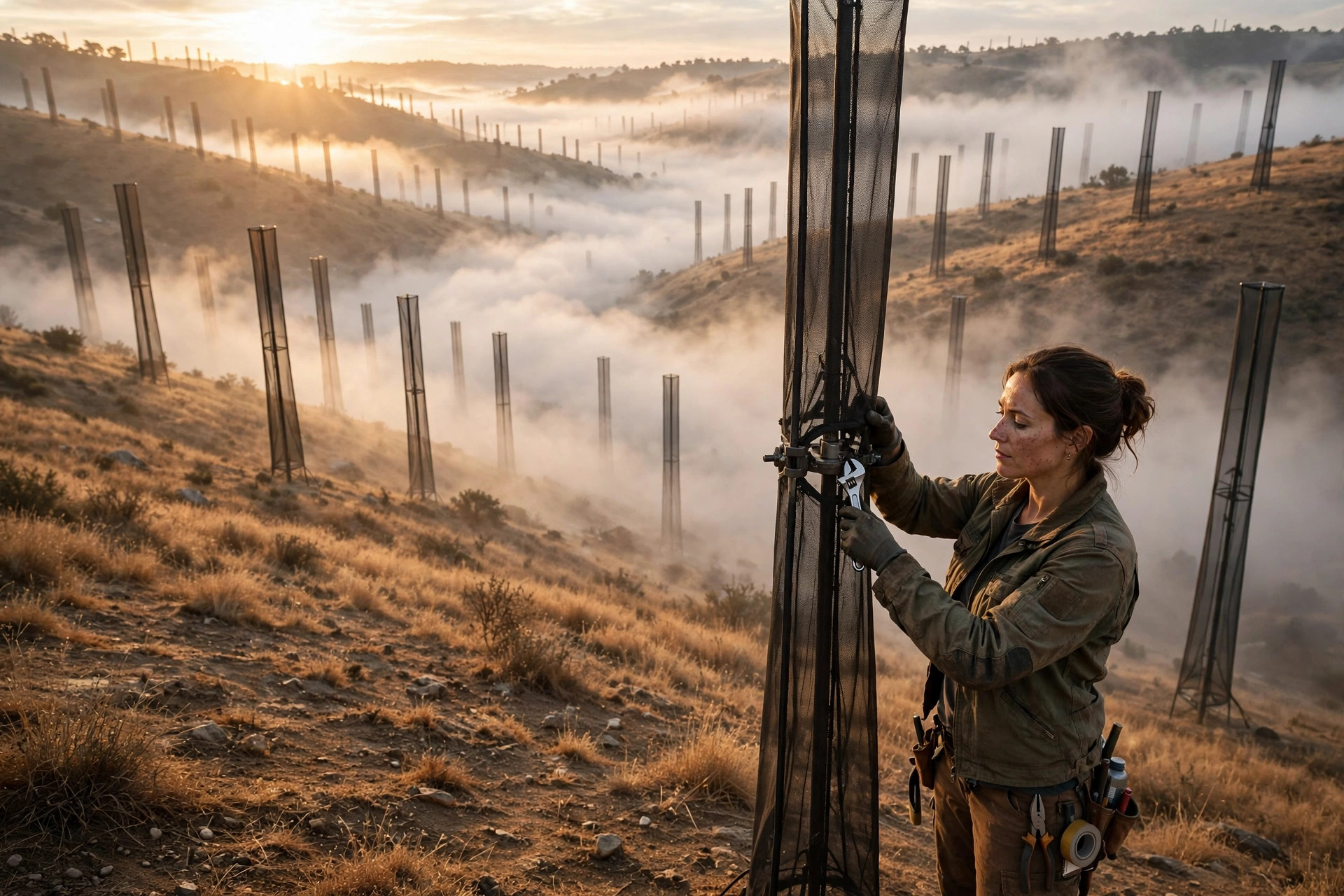 A woman in a field at dawn adjusts a tall mesh fog collector as golden light breaks over drought-stressed hills