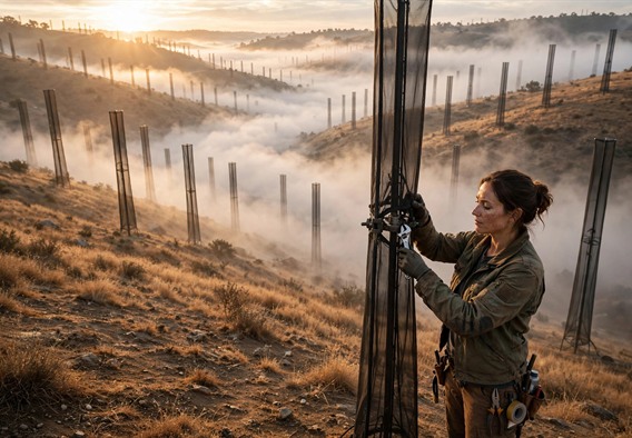Cinematic hopeful near-future sci-fi still: a woman in her thirties in a work jacket adjusts a tall dark mesh fog collector mast on a dry golden hillside at dawn, thick white fog rolling up a valley behind her, rows of similar collectors receding into mist, warm rim light, dusty realistic texture, wide shot, photorealistic, optimistic tone