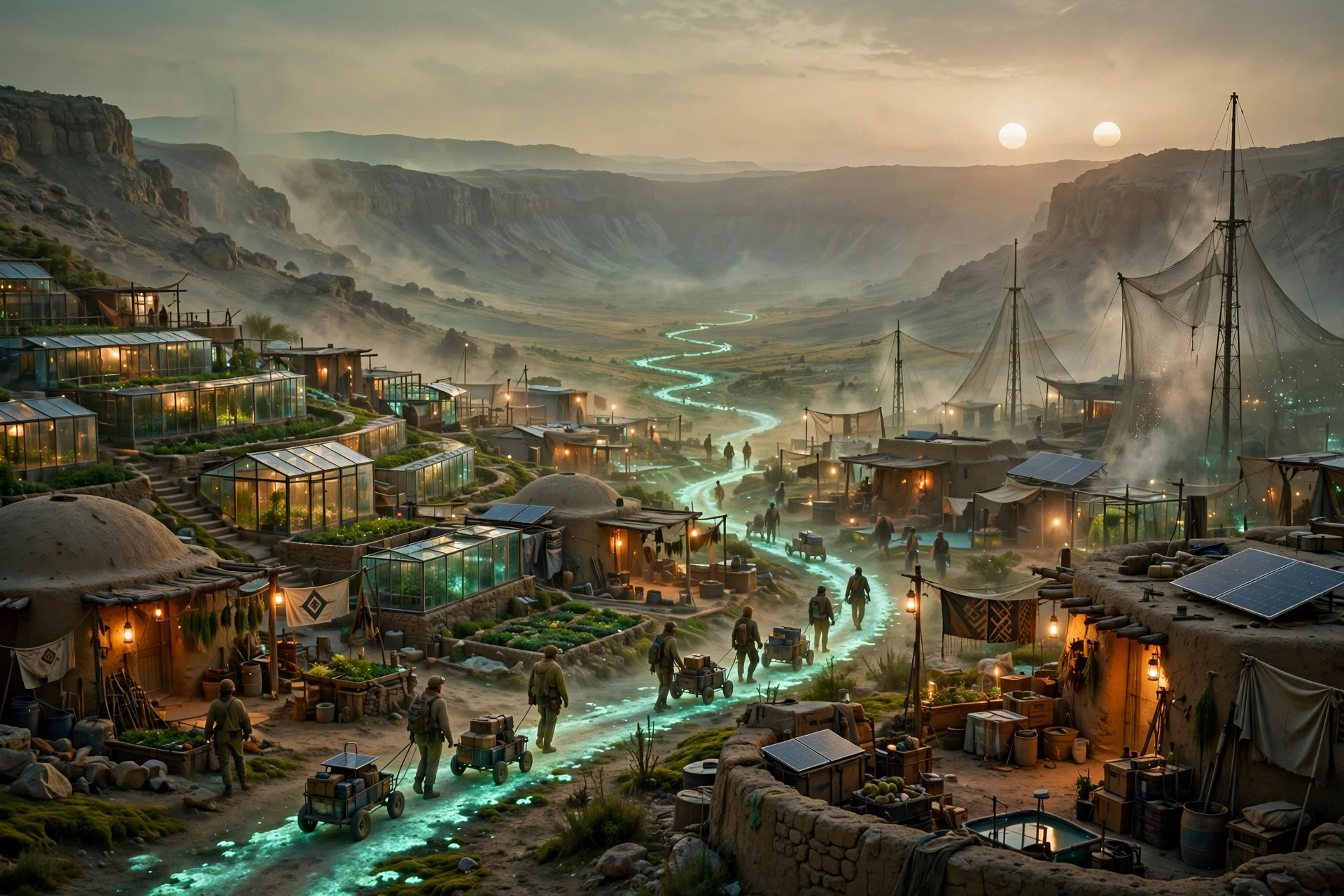 A wide golden-green valley on a frontier world where glowing lichen roads curve between glass greenhouses and low earthen buildings under two pale suns.