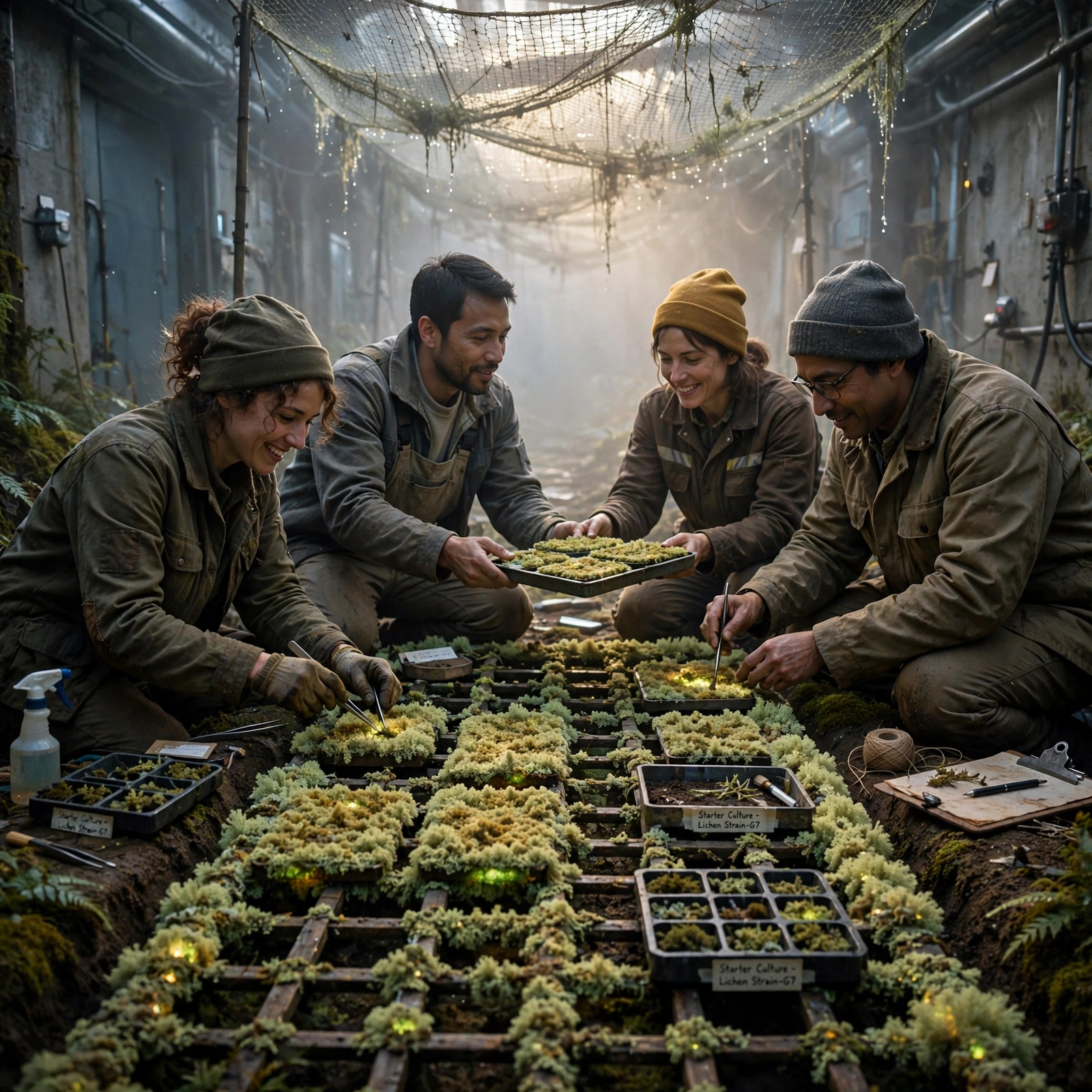Adults in practical work clothes tending a glowing lichen lattice frame in a misty field, grafting living sections together with careful hands and simple tools.