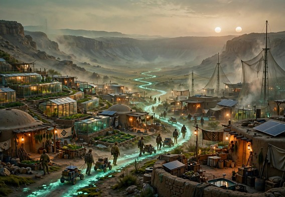Cinematic hopeful solarpunk wide shot: a broad crater-basin valley on a terraforming frontier world at dusk, under two pale suns setting; glowing bioluminescent lichen roads curve between low earthen buildings, glass greenhouse terraces, and tall fog-harvest net masts; adult settlers in practical work clothes walking and hauling small electric carts along the glowing road; warm lantern light, mineral dust haze, hopeful and lived-in atmosphere, high detail, golden-green color palette.