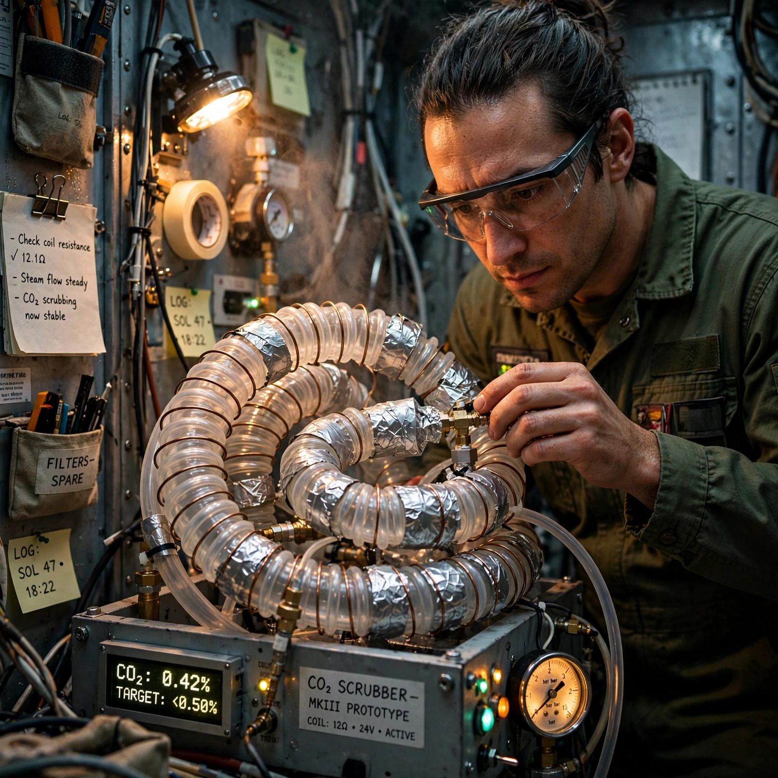 An engineer adjusts a jury-rigged carbon dioxide scrubber coil inside a warmly lit habitat module.