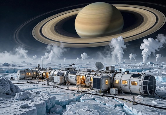 Cinematic wide shot of a warmly lit modular survey habitat on the fractured icy south pole of Enceladus, steam plumes rising in the distance, the immense ringed face of Saturn filling the black sky, small human figures walking a tethered path between habitat modules, hopeful golden interior light spilling from windows, photorealistic hard science fiction concept art