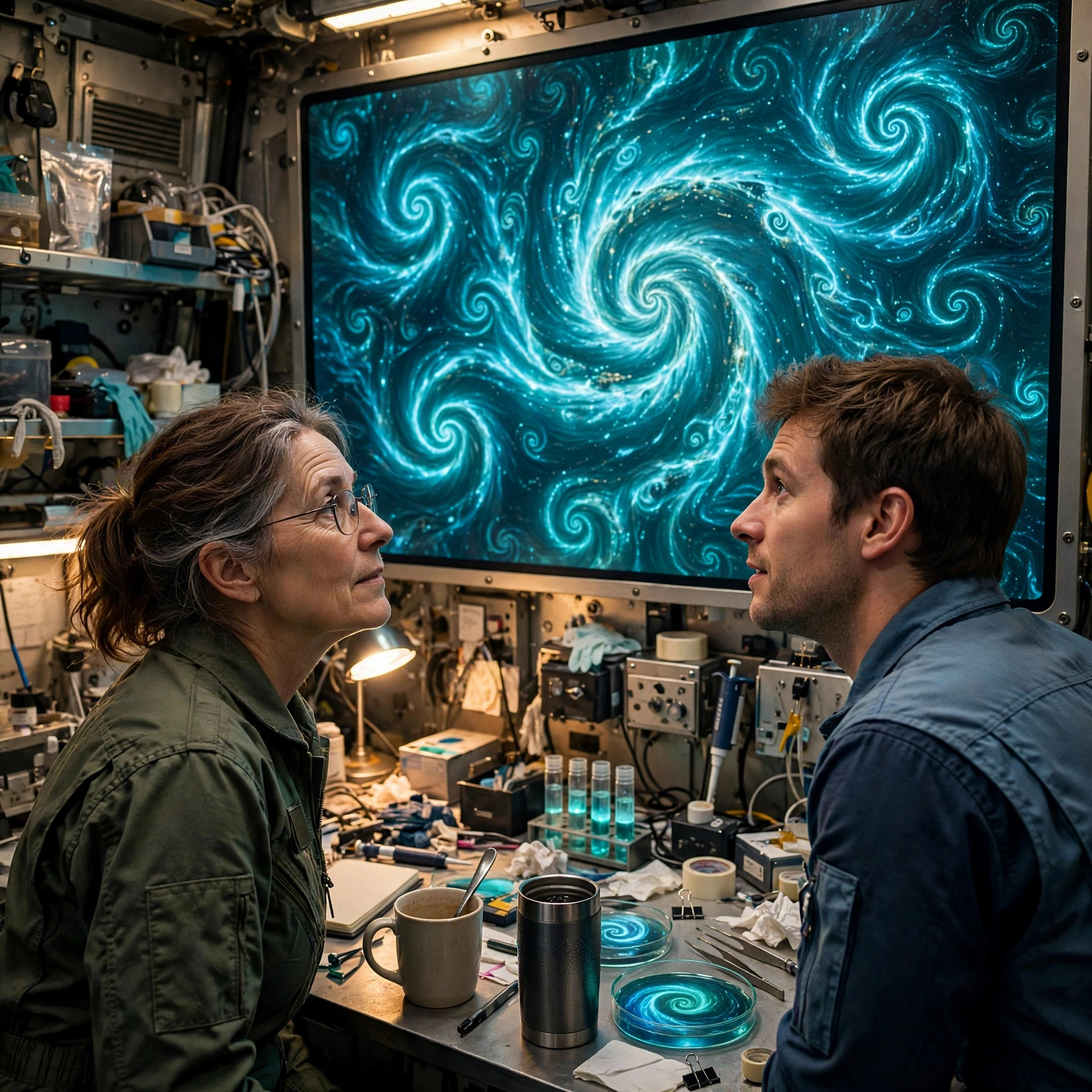 Two adult scientists in a small lander laboratory study a wall of glowing ocean maps, one pointing at spiral patterns of light recorded from the sea below.