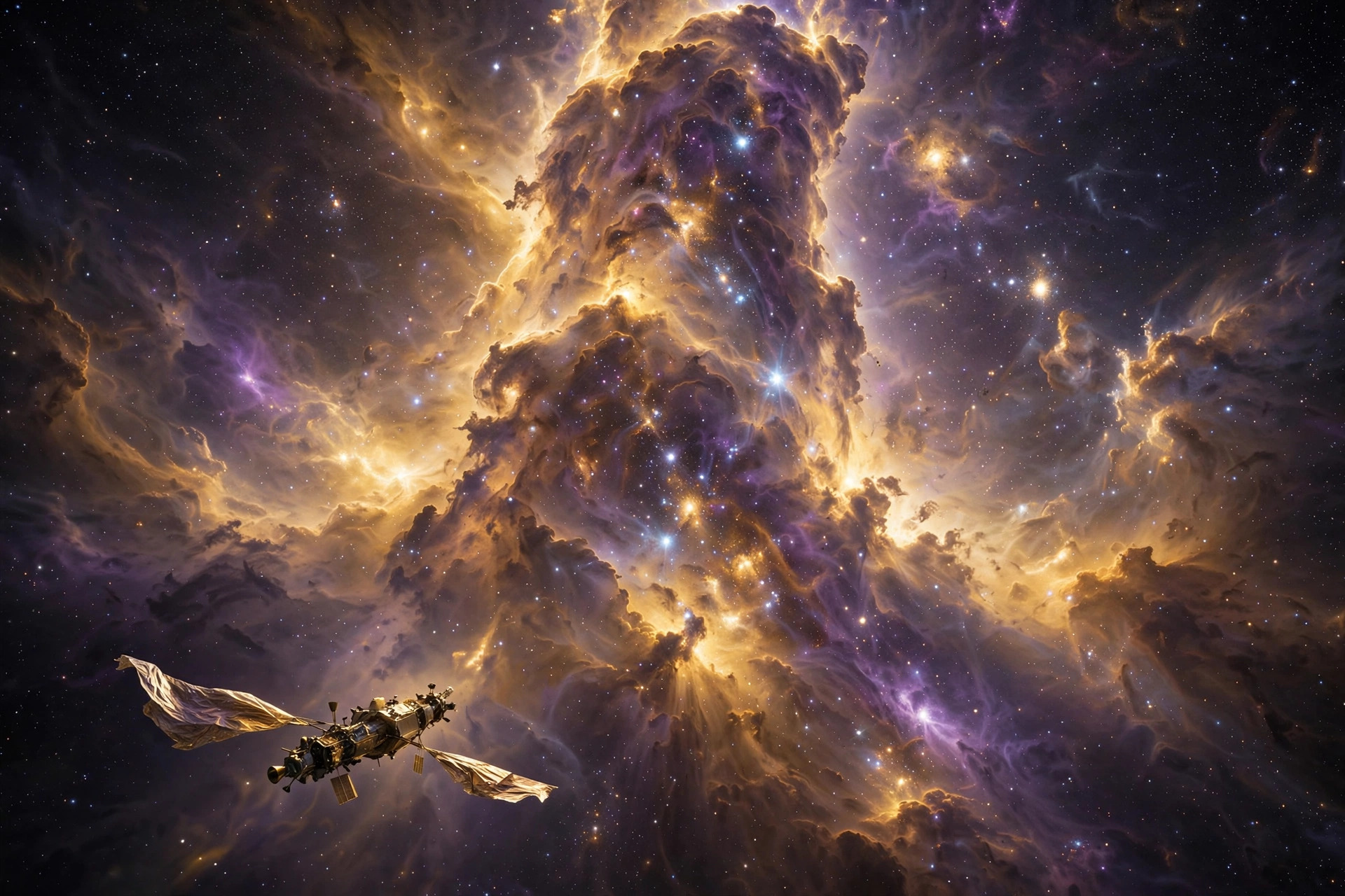 A slender survey spacecraft drifts before a towering pillar of newborn starlight, its hull glowing gold and violet against a sea of unborn suns.