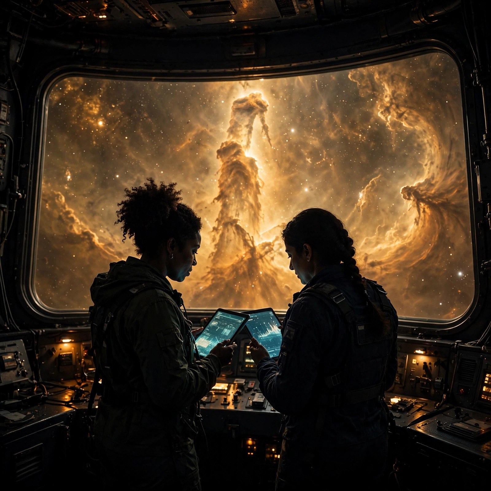 Two scientists float before a curved observation window, silhouetted against a glowing pillar of star birth, comparing data tablets.
