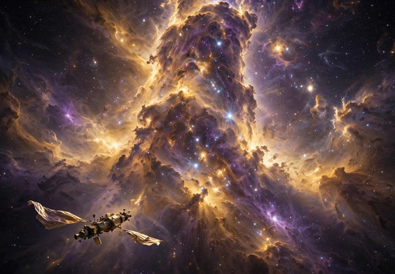 Cinematic hopeful science fiction still: a slender long-spined survey spacecraft with unfurled solar sails drifting in the foreground, dwarfed by an immense glowing pillar of star birth in a nebula, gold and violet starlight, thousands of newborn stars scattered in deep black space, sense of vast scale and humility, photorealistic, dramatic volumetric light, no text