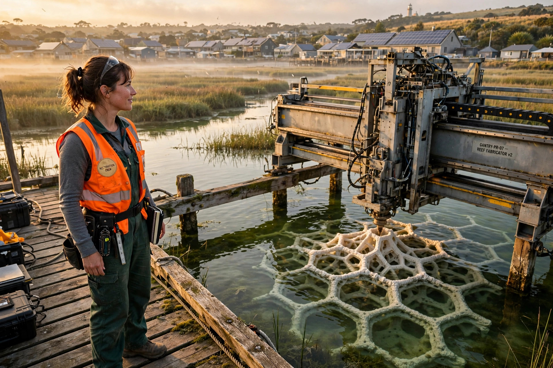 A young woman in work clothes stands on a sunlit pier beside a machine printing a pale lattice reef structure into shallow green water.