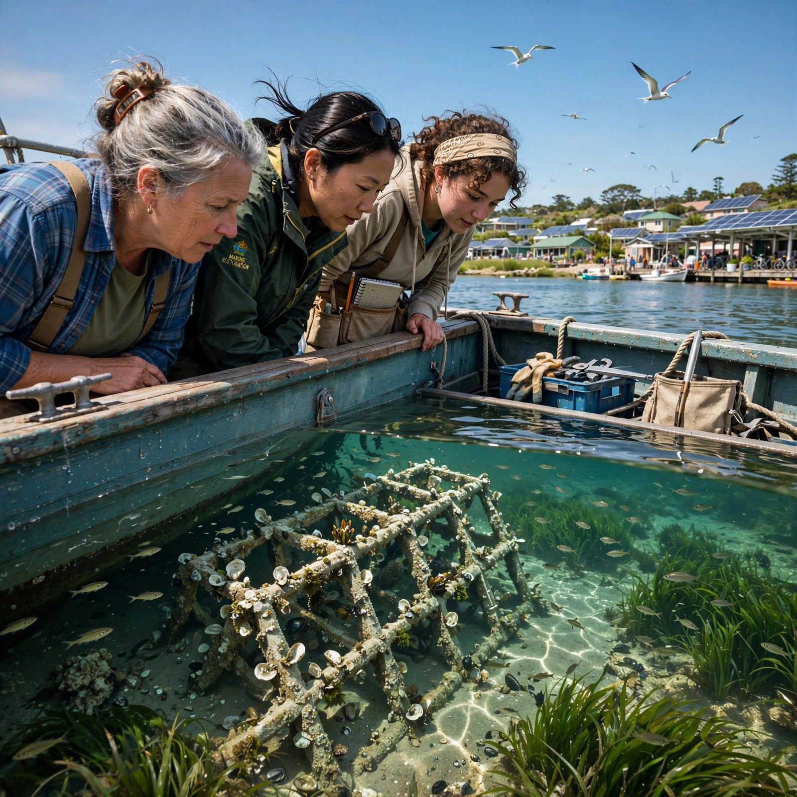 Two women and a young man in a small workboat examine a pale reef lattice rising from clear green shallows, with eelgrass and small fish visible below.
