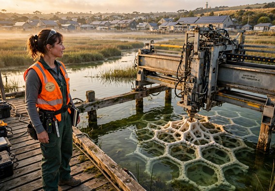 Cinematic hopeful near-future scene at golden dawn: a woman in her thirties in practical work clothes stands on a rebuilt timber pier beside a repurposed industrial gantry printer extruding a pale mineral lattice reef structure into shallow green estuary water, restored salt marsh and solar-paneled rooftops of a small coastal town in the background, warm optimistic light, photorealistic.