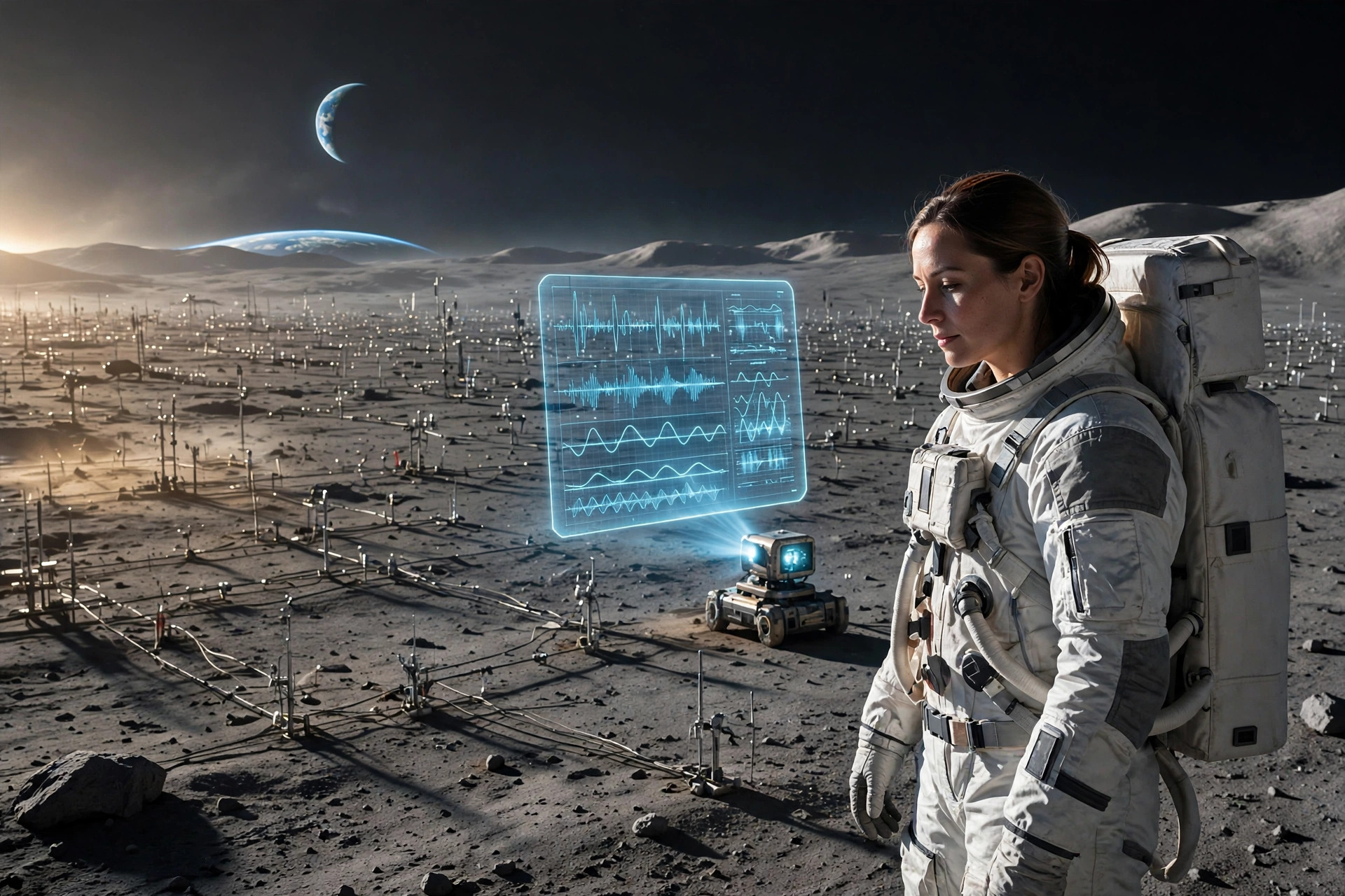 A lone astronomer stands before a vast curved receiver array on the lunar far side at dawn, Earth a blue crescent above the horizon.