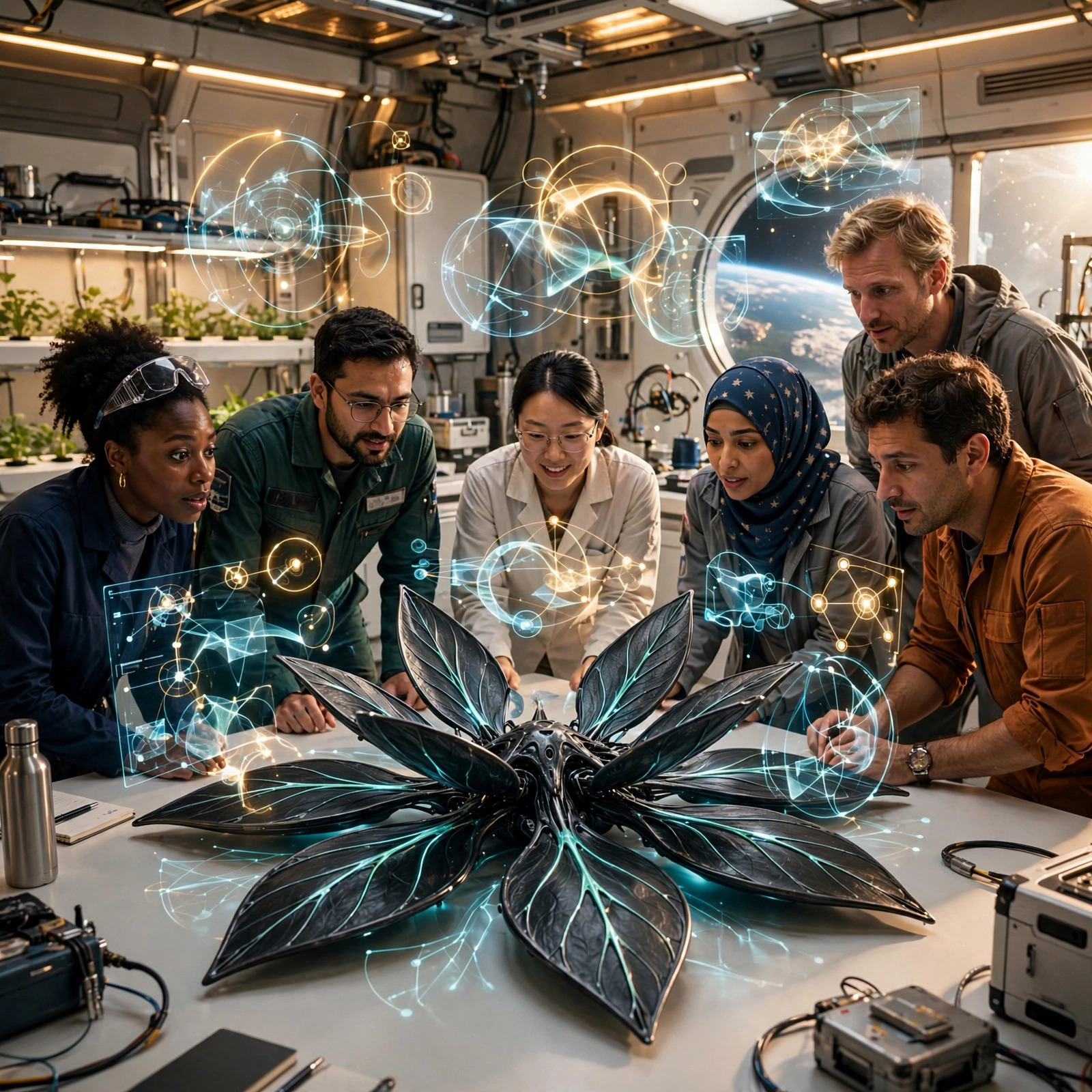 Scientists and engineers of many backgrounds gather in a bright orbital laboratory around a smooth dark alien artifact, instruments in hand, faces lit with concentration and wonder.