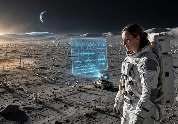 Cinematic hopeful science fiction still: a vast array of low antenna elements stretching across grey lunar regolith at local dawn, a lone adult woman scientist in a white field suit standing before a glowing holographic display of structured signal waveforms, Earth rising as a thin blue crescent, soft golden light, sense of quiet wonder and discovery, no text