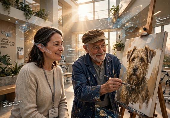 Cinematic hopeful science fiction still, near-future 2049: a sunlit rehabilitation clinic atrium in Toronto, a middle-aged woman therapist in a soft sweater with a translucent earpiece smiling beside an elderly muralist painting a shaggy terrier dog on a large canvas, warm volumetric light, holographic overlays of gentle neural patterns hovering unobtrusively, optimistic clinical technology, photorealistic, 35mm, golden hour palette.