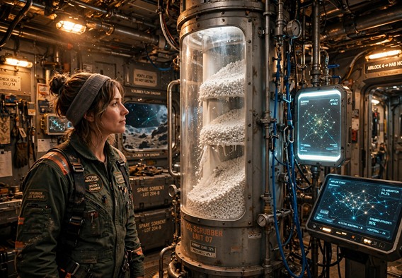 Cinematic hopeful science fiction still: interior of a warm-lit asteroid mining station scrubber bay, a woman engineer in her thirties studying a tall cylindrical air scrubber column with a transparent section showing white granular sorbent, beside a soft glowing console displaying a constellation-like AI interface of drifting points of light, amber utility lighting, blue handlines, industrious and calm atmosphere, photorealistic, wide angle