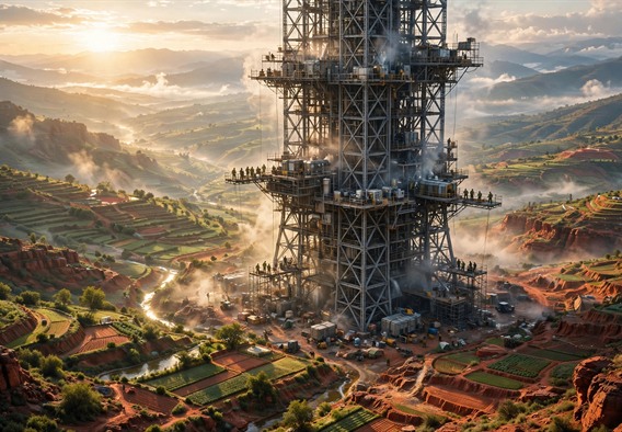 Cinematic wide shot of a towering lattice atmosphere processor on a young terraformed frontier world at golden morning light, terraced green valleys below still half red rock, small crew figures on scaffolds in work gear, hopeful and awe-inspiring, photorealistic science fiction, volumetric light, no text