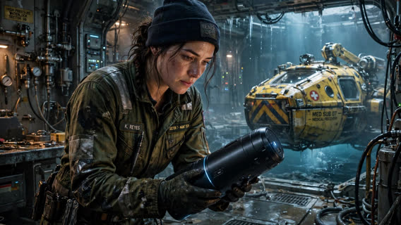 A realistic cinematic still of a thirty-year-old female engineer in a damp, high-tech underwater maintenance bay. She is wearing heavy stained coveralls and examining a sleek, modern black cylindrical module. In the background, a battered, high-visibility yellow medical submersible sits in a moon pool. Cinematic lighting, hopeful science fiction tone, detailed industrial textures, 8k resolution.
