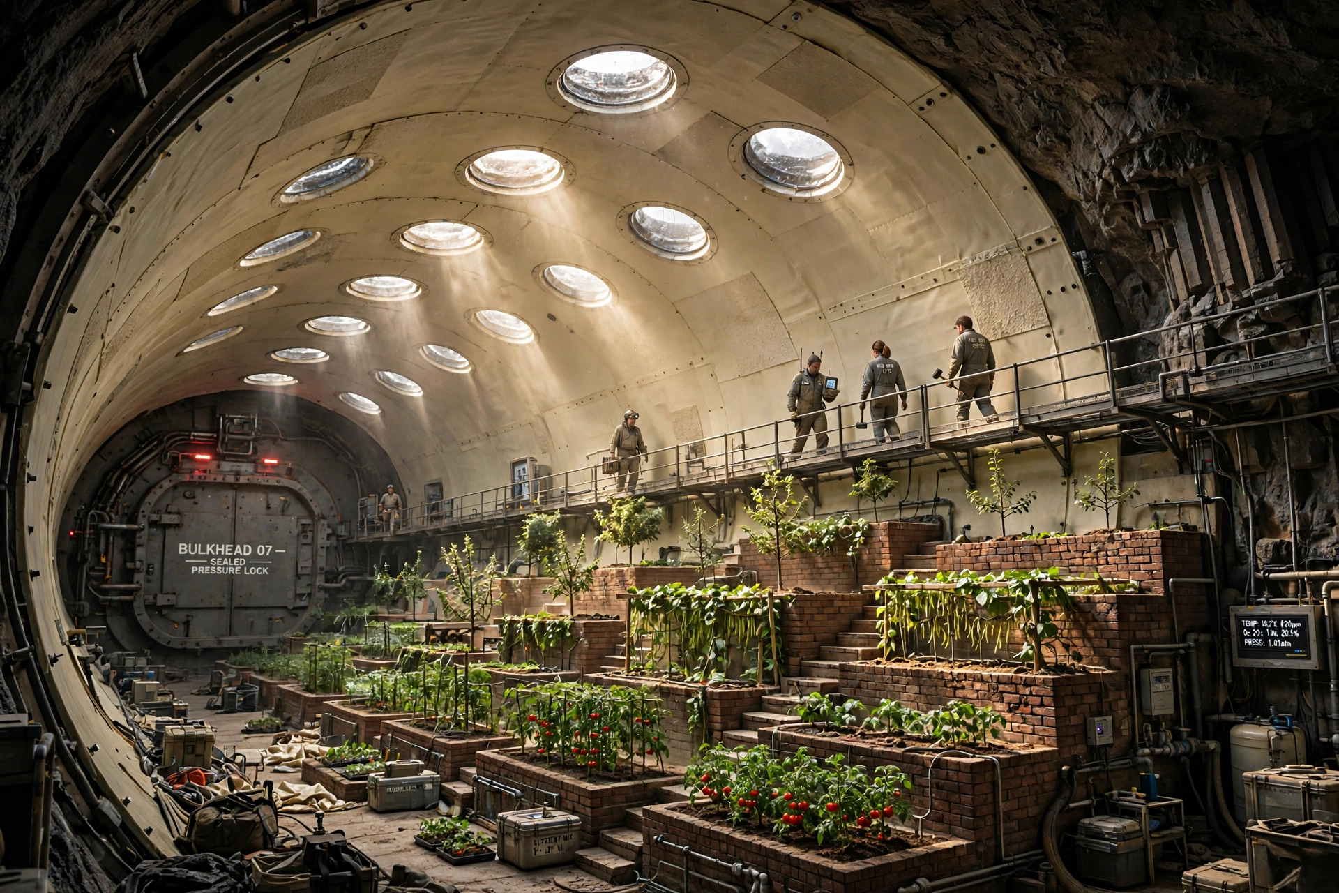 A vast sealed lava tube lit by columns of sunlight falling through glazed skylights onto terraced gardens, with engineers in work coveralls walking a catwalk beneath the curved basalt ceiling.