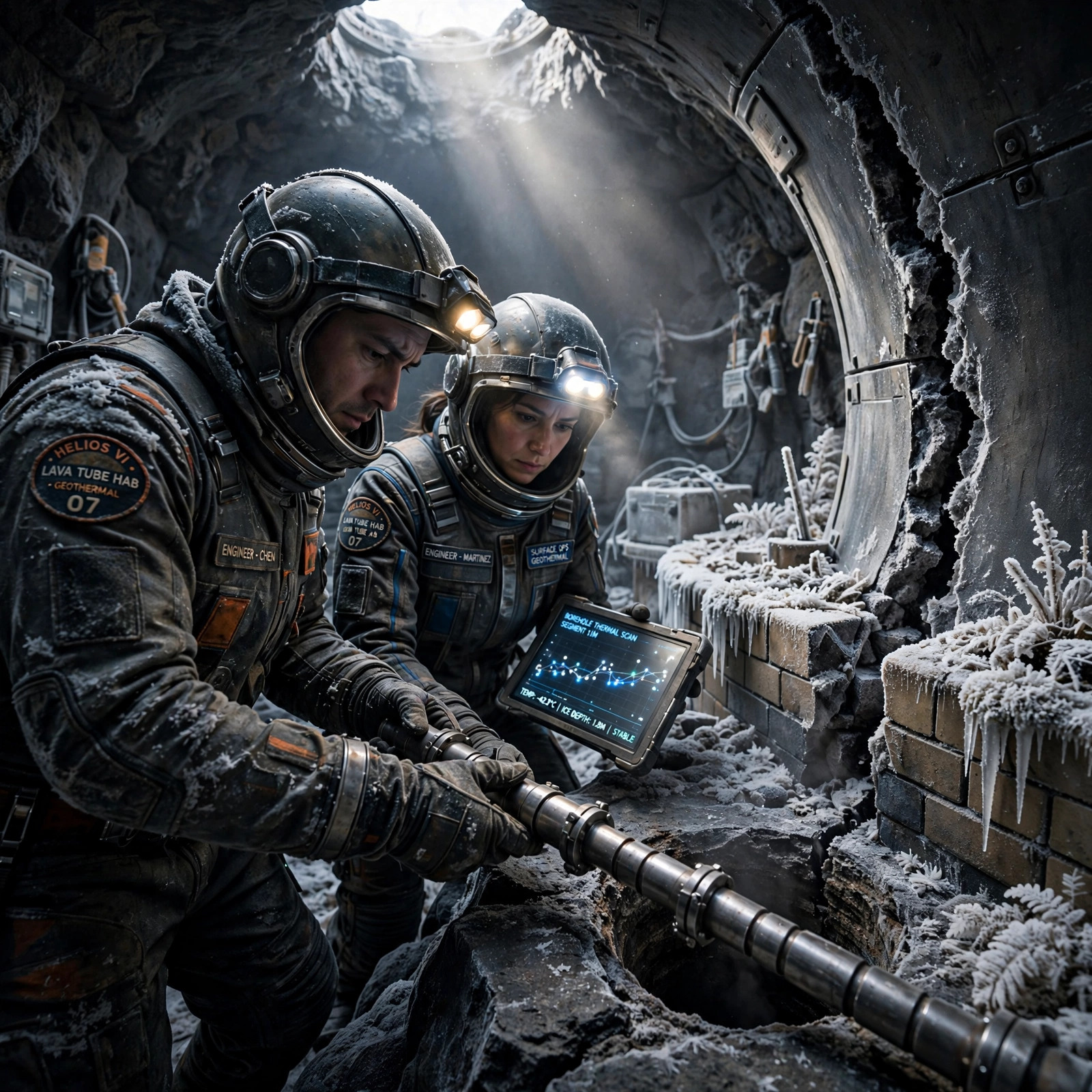 Two engineers in pressure suits work beneath a long crack in the curved cream-colored liner of a lava tube habitat, threading a segmented heater rod into a drilled borehole while frost coats everything around them.