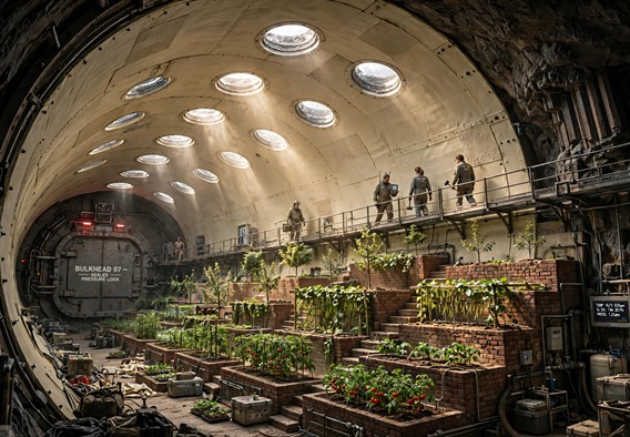 Cinematic wide shot inside an enormous sealed lava tube habitat on a cold rocky planet, the curved basalt ceiling sprayed with smooth cream-colored liner, glazed dome skylights sending solid columns of dusty sunlight down onto eleven stepped brick terrace gardens climbing one wall, tomatoes and bean vines and young apple trees, adult engineers in dusty work coveralls walking a catwalk with a strain-reader device and a rubber mallet, warm hopeful lighting, hard science fiction realism, detailed a