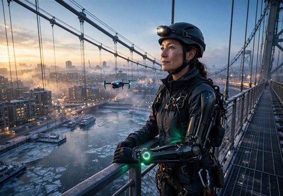 A hopeful near-future scene at dawn: a woman in her forties in a climbing harness stands on the catwalk of a suspension bridge above an icy river city, wearing a slim graphite exosuit on her right arm glowing softly green at the wrist, headlamp on, commuter lights below, cinematic golden-blue light, sense of quiet competence and partnership.