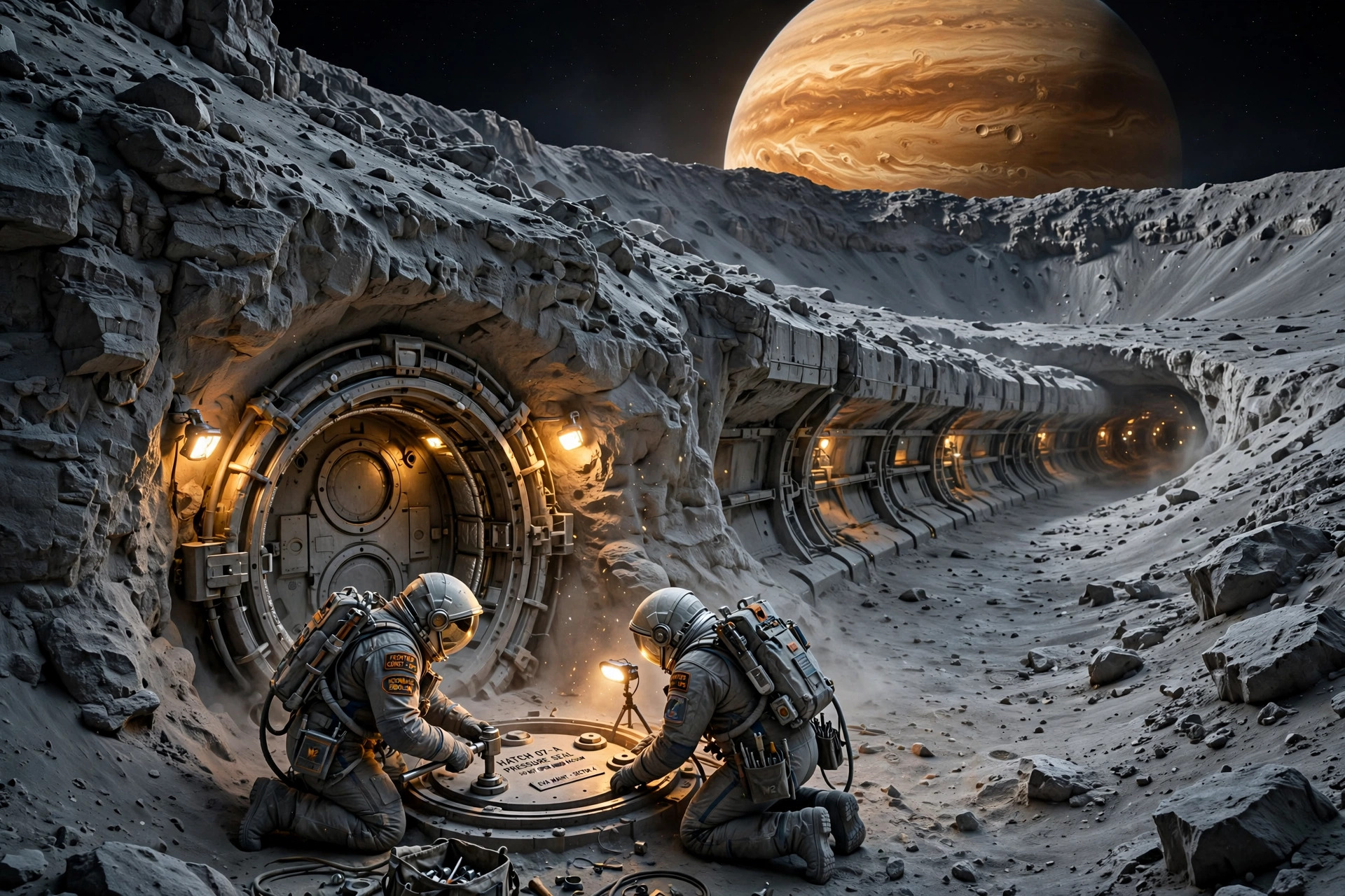 A long curved tunnel habitat carved into a crater wall glows under the banded amber light of a giant gas planet rising over a dusty moonscape.
