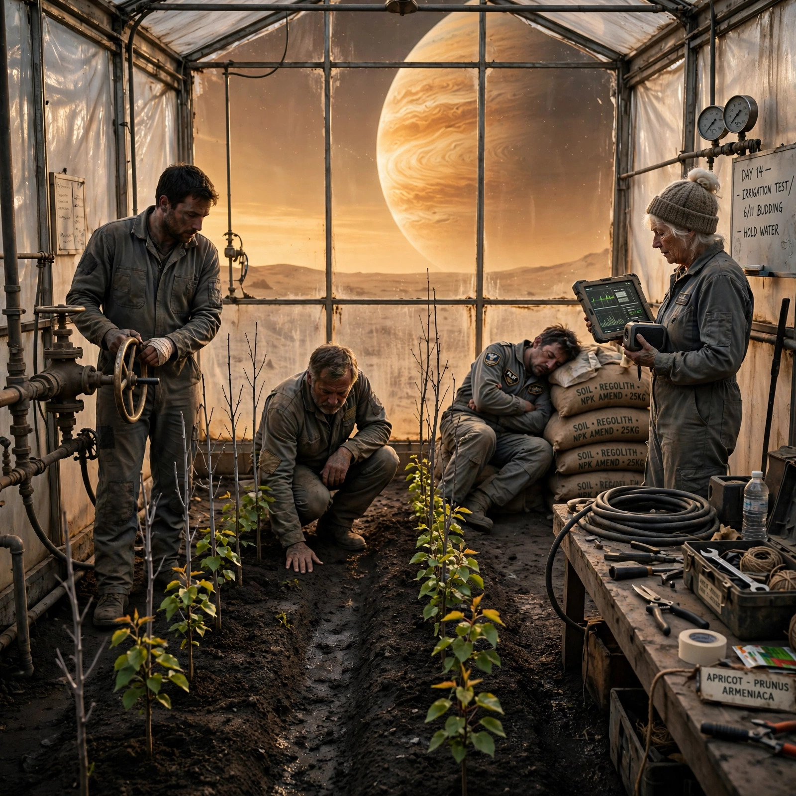Suited workers move around a drilling rig enclosed in a translucent pressure tent on a dusty crater floor, floodlights cutting through drifting grey regolith.