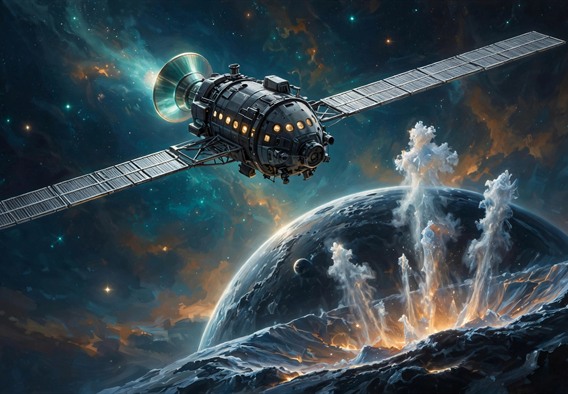 Cinematic hopeful hard-SF concept illustration of a compact crewed nuclear survey spacecraft with two long silver radiator wings and a gently glowing drive bell, approaching a dark dwarf planet half-lit by a distant pinpoint sun; faint crystalline geyser plumes rise from a warm basin on the nightside; tiny gold-lit cabin windows along the hull; deep indigo starfield with teal and warm amber accents; painterly, optimistic, no text.