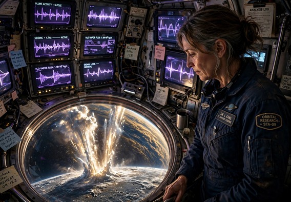 A lone female scientist in her forties stands at a curved observation dome inside a cramped orbital research station, looking down at a gas giant's moon whose south pole erupts with immense silver water plumes glowing faintly gold against the darkness, consoles displaying rows of violet light-pulse waveforms, hopeful and contemplative atmosphere, cinematic sci-fi realism