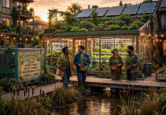 Warm evening light over a near-future neighborhood courtyard: rooftop gardens and solar panels above a glass aquaponics greenhouse, a large painted community battery labeled with hand-painted lettering, neighbors of diverse adult ages carrying tomato plants and talking on a boardwalk over a restored cattail creek, string lights glowing, hopeful solarpunk realism, detailed, cinematic