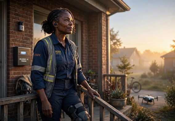 A hopeful near-future illustration: a Black woman in her late forties in a warehouse uniform standing at dawn outside a modest brick house, one hand resting on a porch railing, warm golden light, a small medical brace on her knee, cinematic realism, adults only.