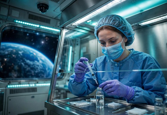 Photorealistic cinematic space art: an adult female pharmacist in sterile gown, cap, and gloves draws clear liquid into a syringe beneath a glowing laminar flow hood in a pristine station-hospital compounding lab. A small black camera dome is set in the ceiling, and a wide viewport behind her shows a distant blue planet and stars. Cool white and teal lighting, shallow depth of field, no text, no watermarks.