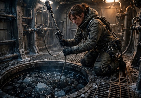 Photorealistic cinematic space art, an adult woman in an insulated industrial suit kneeling on a grated steel deck beside a dark, slush-filled vertical shaft, lowering a hydrophone boom on a braided steel cable into black alien brine, warm sodium overhead lighting, industrial sci-fi interior, no text or watermarks.